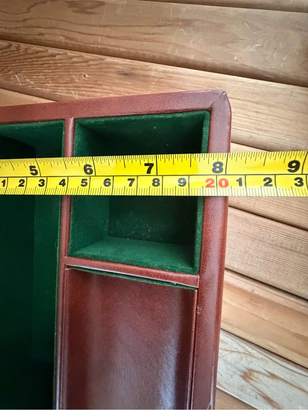 Vintage Faux Leather Valet Tray Jewelry Organizer Brown Green Flocked Interior